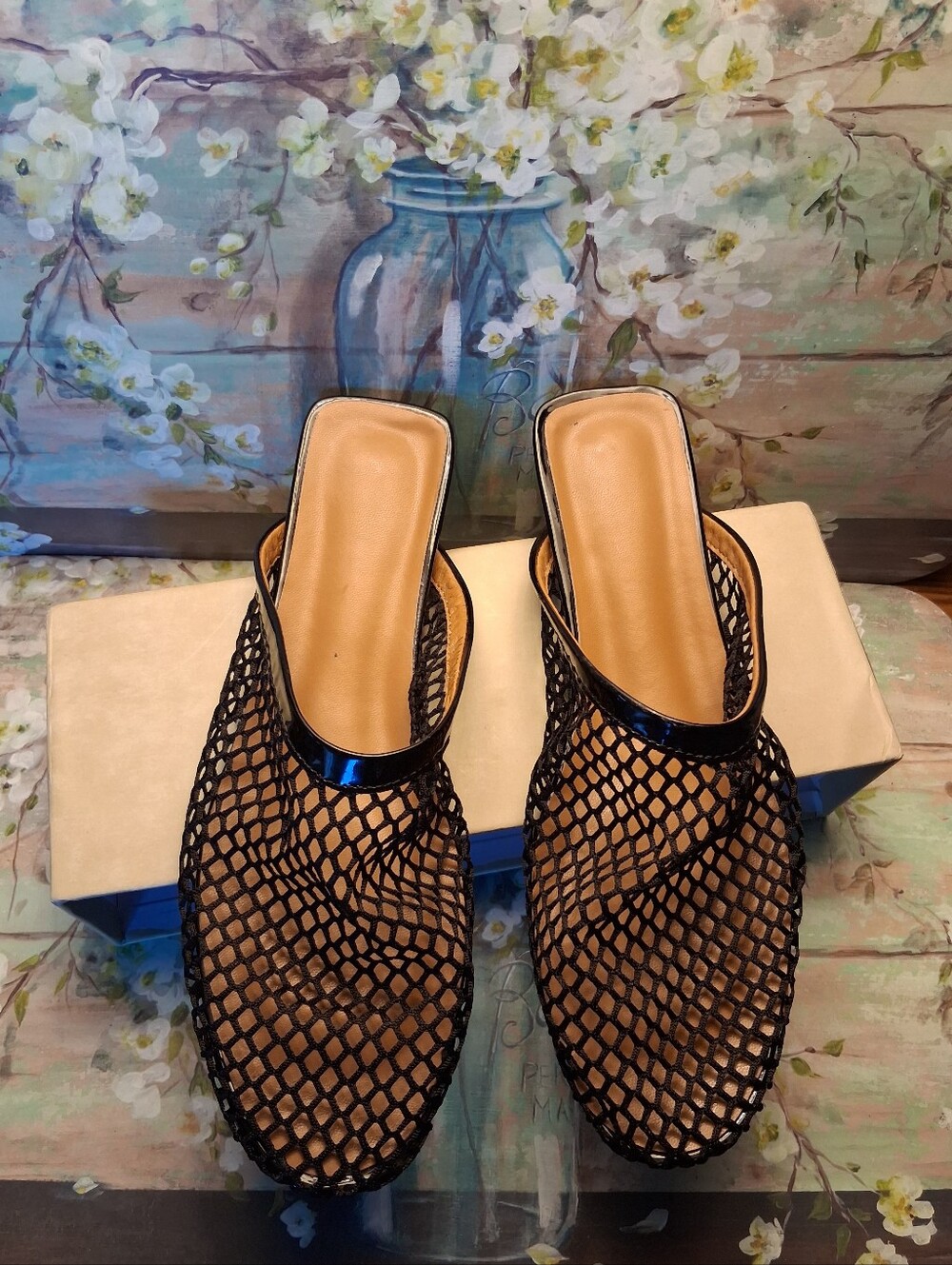 Black Patent Mesh Mule Slides for Women